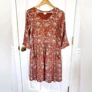 Garnet Hill  Floral Shift Knee Length Dress Pockets 3/4 Sleeve Fall Orange Sz 4